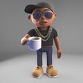 Thirsty black hiphop rap artist drinks a cup of coffee, 3d illustration