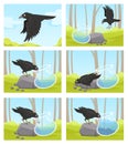 Thirsty crow. Tale of smart black crow and jug of water. Clever bird throws stones into jug to drink cartoon vector