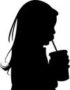 A thirsty girl drinking, silhouette vector