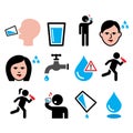 Thirsty man, dry mouth, thirst, people drinking water icons set