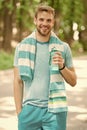 Thirsty after morning jog. Athlete hold bottle care hydration body. Refreshing vitamin drink after great workout. Man Royalty Free Stock Photo