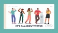 Thirsty People Drink Fresh Water Landing Page Template. Characters Young and Adults Drinking Cold Aqua from Cooler Royalty Free Stock Photo