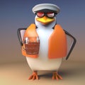 Thirsty sailor captain penguin drinks heartily from his pint of ale, 3d illustration