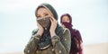 Thirsty women walking in a desert. Lost during the travel Royalty Free Stock Photo