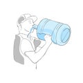 Thirsty young man drinking water from a large bottle. Vector illustration