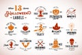 Thirteen Spooky Vintage Halloween Vector Badges, Labels Or Logo Templates. Pumpkin, Ghost, Skull, Bones, Bats And Other