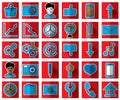 Thirty blue favicon flat icons on a red background for site