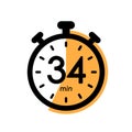 thirty four minutes stopwatch icon, timer symbol, cooking time, cosmetic or chemical application time, 34 min waiting