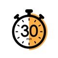 thirty minutes stopwatch icon, timer symbol, cooking time, cosmetic or chemical application time, 30 min waiting time