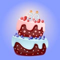 Thirty nine years birthday cake with candles number 39. Cute cartoon festive vector image. Chocolate biscuit with berries,