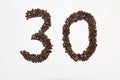 Thirty number formed with coffee beans