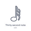 Thirty second note icon from music and media outline collection. Thin line thirty second note icon isolated on white background Royalty Free Stock Photo