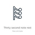 Thirty second note rest icon. Thin linear thirty second note rest outline icon isolated on white background from music and media