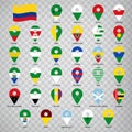Thirty three flags states of Colombia - alphabetical order with name. Set of 2d geolocation signs like flags states of Colombia.