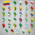 Thirty three flags states of Colombia - alphabetical order with name.  Set of 3d geolocation signs like flags states of Colombia. Royalty Free Stock Photo