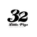 Thirty two Little Pigs - Logotype. Logo with number 32, pig faces and perky tails. Fairy-tale characters. Black and white vector Royalty Free Stock Photo