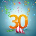 Thirty year anniversary background. 30th celebrate of birned vector illustration. Confetti and ribbons, holiday theme