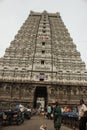 Thiruvannamalai, Tamil Nadu, India. March-15-2019. Thiruvannamalai temple`s Raja Gopuram front low angle view.