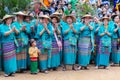 Group of Shan or Tai Yai ethnic group living in parts of Myanmar and Thailand in tribal dress do native dancing in Shan New Year