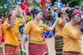 Group of Shan or Tai Yai ethnic group living in parts of Myanmar and Thailand in tribal dress do native dancing in Shan New Year