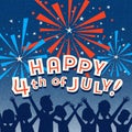 Retro Happy 4th of July design with family watching fireworks. Royalty Free Stock Photo