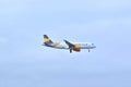 Thomas Cook Airbus A320-214 approaching Tenerife South airport on a cloudy Royalty Free Stock Photo