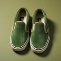 Green Suede Vans Slip On Sneakers - Photorealistic Still Life Style