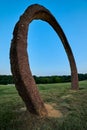 Thomas Sayre`s `Gyre` sculpture at twilight with the moon