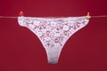 Thong bikini panties, white lace underwear lingerie on rope isolated on red background. Royalty Free Stock Photo