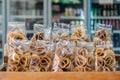 `Thong Muan` is a type of rolled wafer, a traditional dessert in plastic back packaging in local convenience store in Thailand Royalty Free Stock Photo