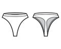 Thongs technical fashion illustration with high rise, elastic waistband, small hips coverage. Flat briefs lingerie