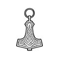 Thor hammer pendant with viking runes. Vintage vector black engraving