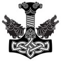 Thor s hammer - Mjollnir, Scandinavian ornament and two wolfs Royalty Free Stock Photo