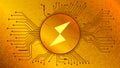 Thorchain RUNE cryptocurrency token symbol of the DeFi project in circle with PCB tracks on gold background.