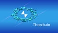 Thorchain RUNE isometric token symbol of the DeFi project in digital circle on blue background.