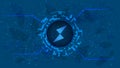 Thorchain RUNE token symbol of the DeFi project in a digital circle with a cryptocurrency theme on a blue background.