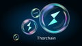 Thorchain RUNE token symbol in soap bubble, coin DeFi project decentralized finance.