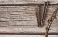 Thorn crown and rusty nails on a wooden background with copy space Royalty Free Stock Photo