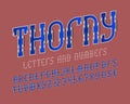 Thorny alphabet with numbers and currency signs. Urban stylized font. Isolated english alphabet