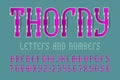 Thorny letters and numbers with currency signs. Urban vibrant font. Isolated english alphabet