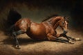 A thoroughbred brown horse rolling on the ground, AI generated