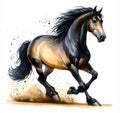 A thoroughbred brown horse is trotting. The mane and tail develop beautifully. Watercolor paint. Banner. Close-up