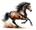 A thoroughbred brown horse is trotting. The mane and tail develop beautifully. Watercolor paint. Banner. Close-up