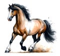 A thoroughbred brown horse is trotting. The mane and tail develop beautifully. Watercolor paint. Banner. Close-up