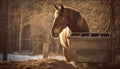 Thoroughbred horse grazing in rustic meadow generated by AI