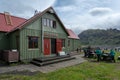 Thorsmork, Iceland - 06.20.2017: Hikers rest near the Skagfjordsskali hut in the Thorsmork valley in southern Iceland