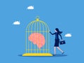 Thought control in the brain and lack of business freedom. businesswoman keeps his brain in a cage