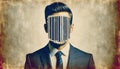 identity lost to consumerism, a businessman& x27;s face replaced by a barcode in a vintage collage