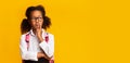 Thoughtful African Schoolgirl Thinking Over School Problems, Studio Shot, Panorama