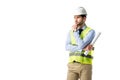 Thoughtful architect in reflective vest and hard hat holding blueprint